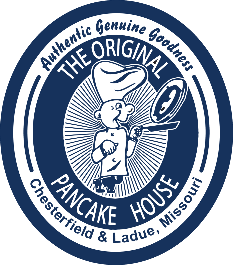 A blue and white logo of the original pancake house.