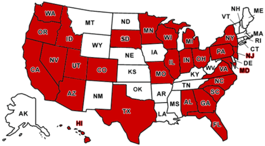 A map of the united states with red and white letters on it.